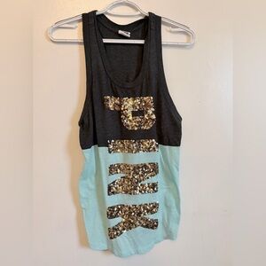 VS PINK Gold Sequin Block Letter Tank Top - Gray and Mint